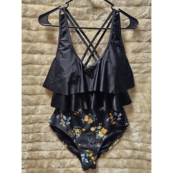 Ocean Blues One Piece Swimsuit Floral With Black Ruffled Top Strappy Size M - Picture 2 of 9